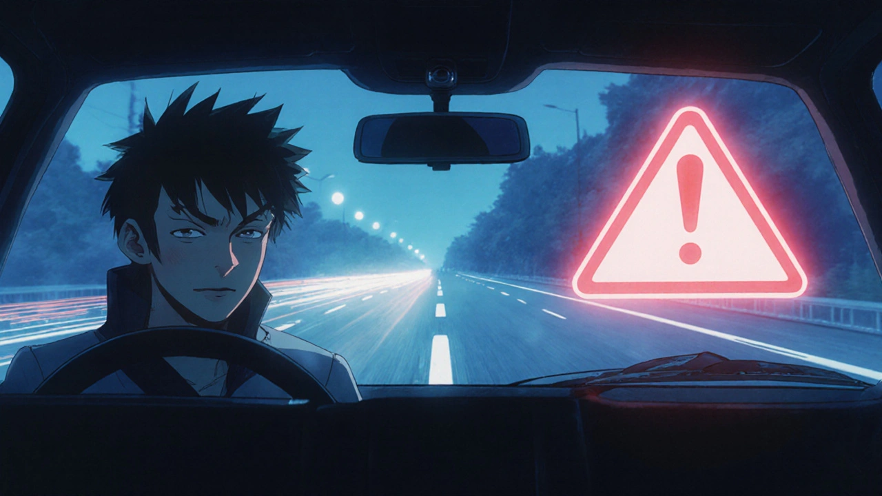 A car’s alert system warning a driver experiencing microsleep as the vehicle drifts across lanes.