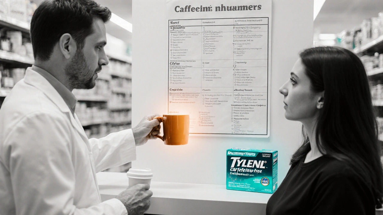 Adult consulting pharmacist at a counter, coffee cup and Tylenol highlighted in duotone.