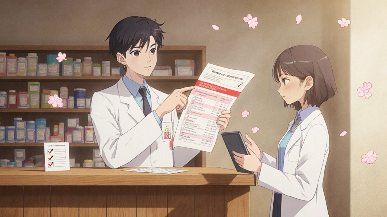 Anime patient and pharmacist discussing a printed red alert from a drug interaction check.