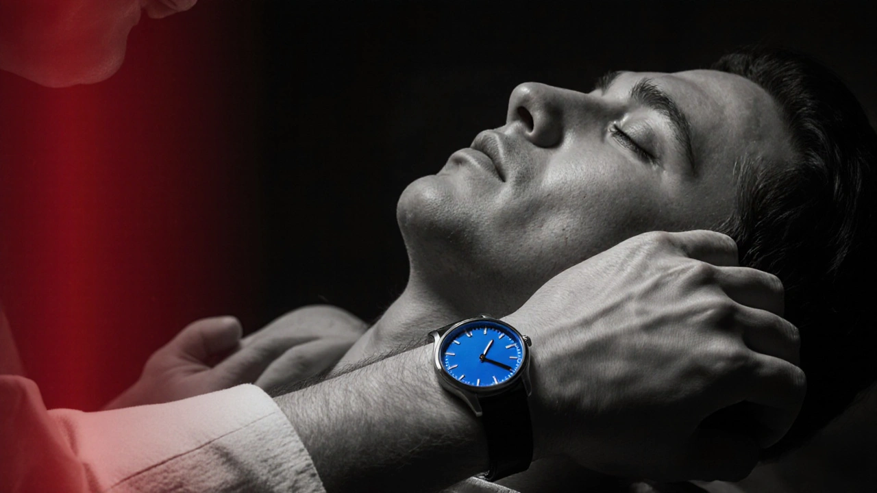 Caregiver checks a wristwatch and gently turns the person onto their side into the recovery position.