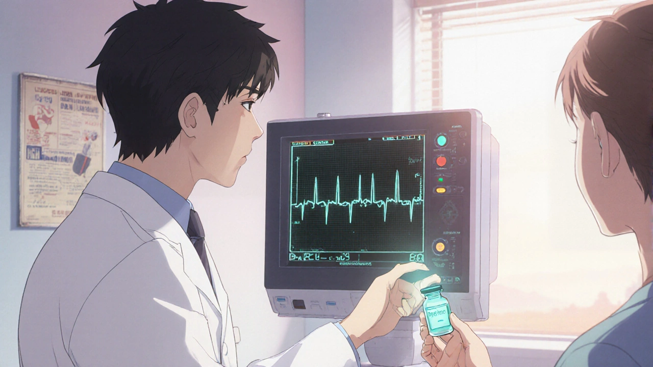 Clinician checking ECG while patient holds a glowing pill bottle.