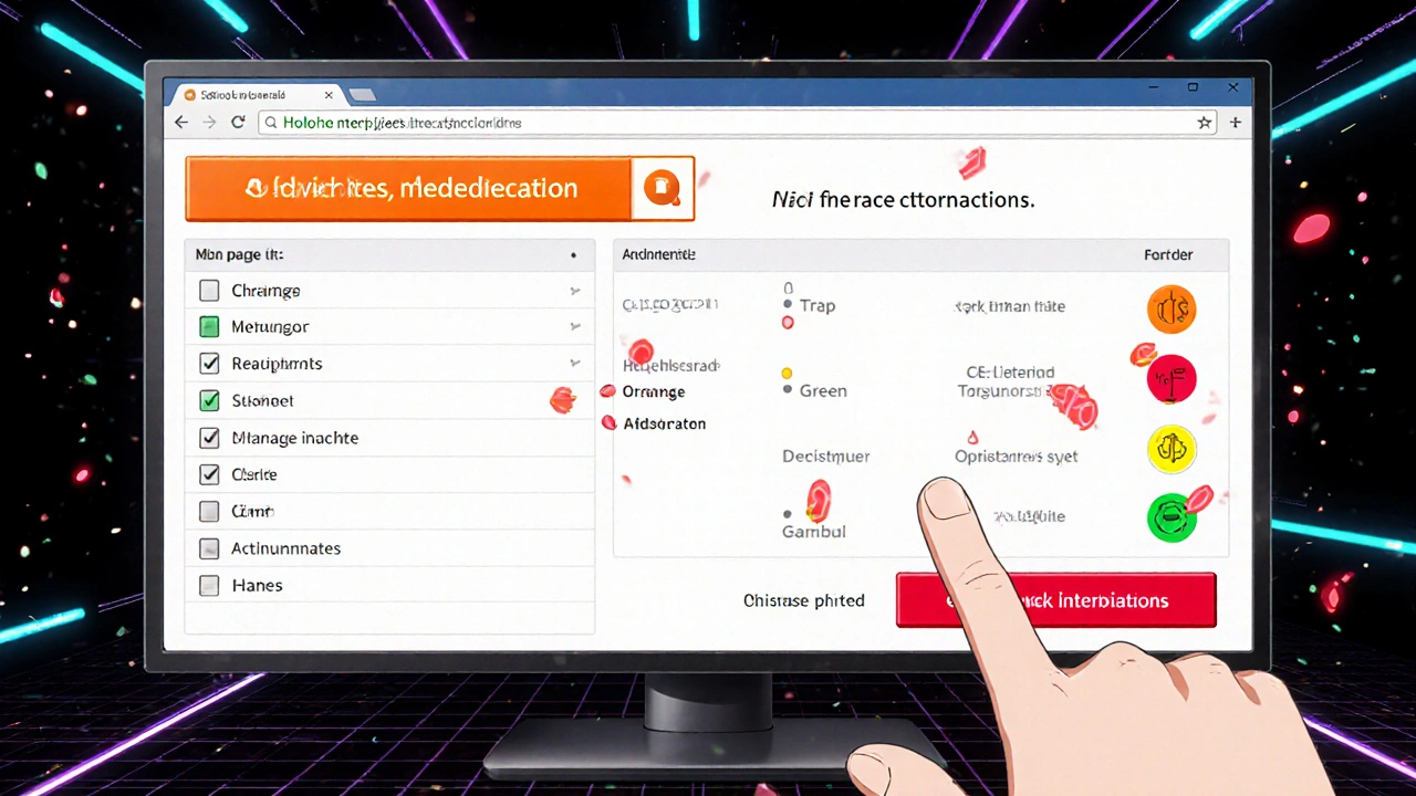 Close‑up of anime‑styled drug checker UI with color‑coded alerts and a hand clicking a button.