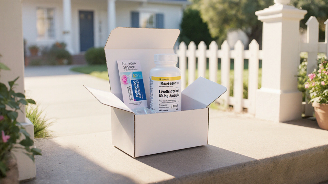 Discreet package on doorstep revealing levothyroxine bottle and discount card.