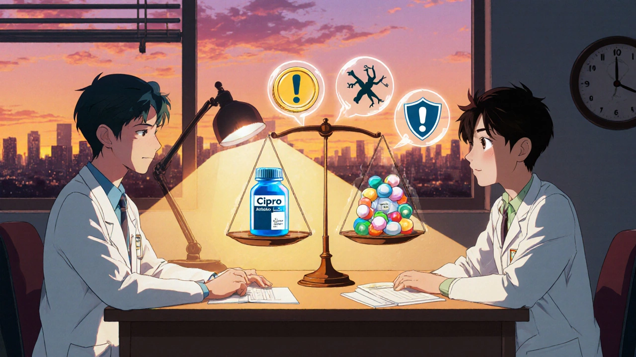 Doctor and patient discussing antibiotic choices with floating icons and scales, in retro anime style.