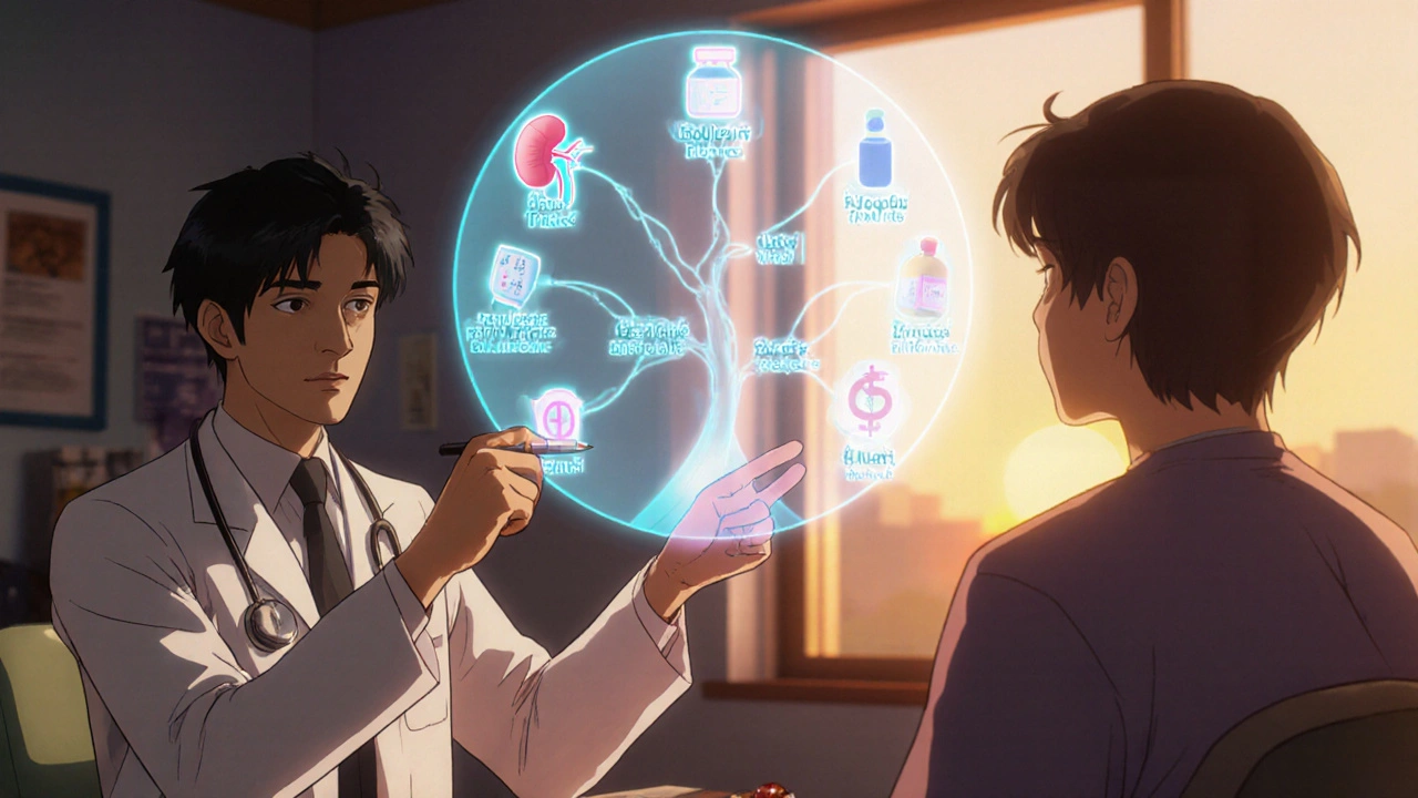 Doctor and patient view a holographic decision tree for selecting an immunosuppressant.