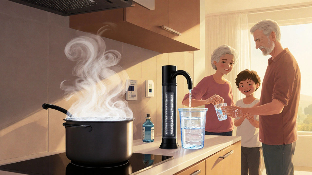 Family boiling, filtering, and safely storing water while practicing hand hygiene.