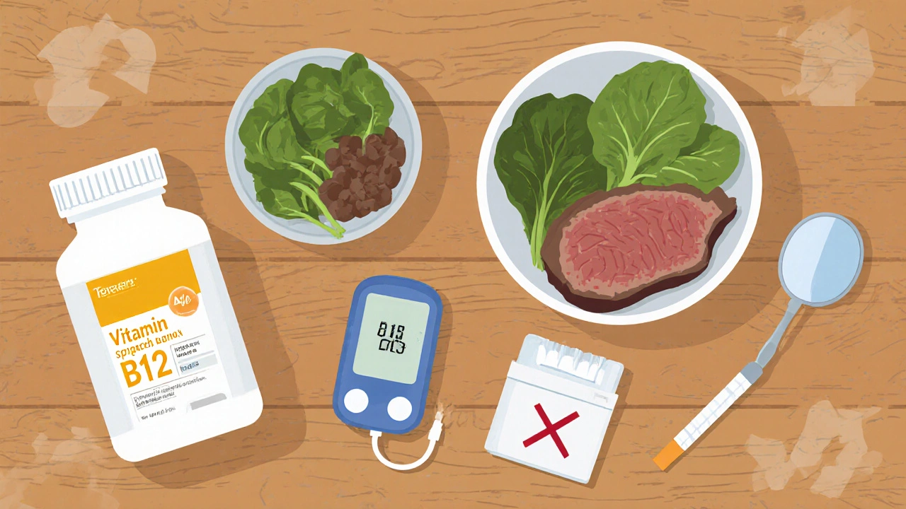 Flat illustration of supplements, foods, glucose monitor, and crossed-out cigarette.