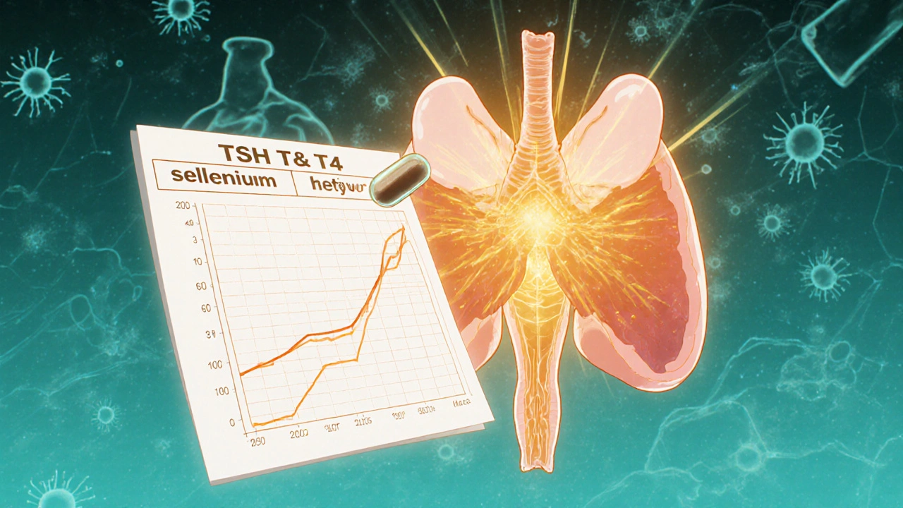 Floating medical chart with TSH/T4 graphs and selenium capsule glowing over thyroid