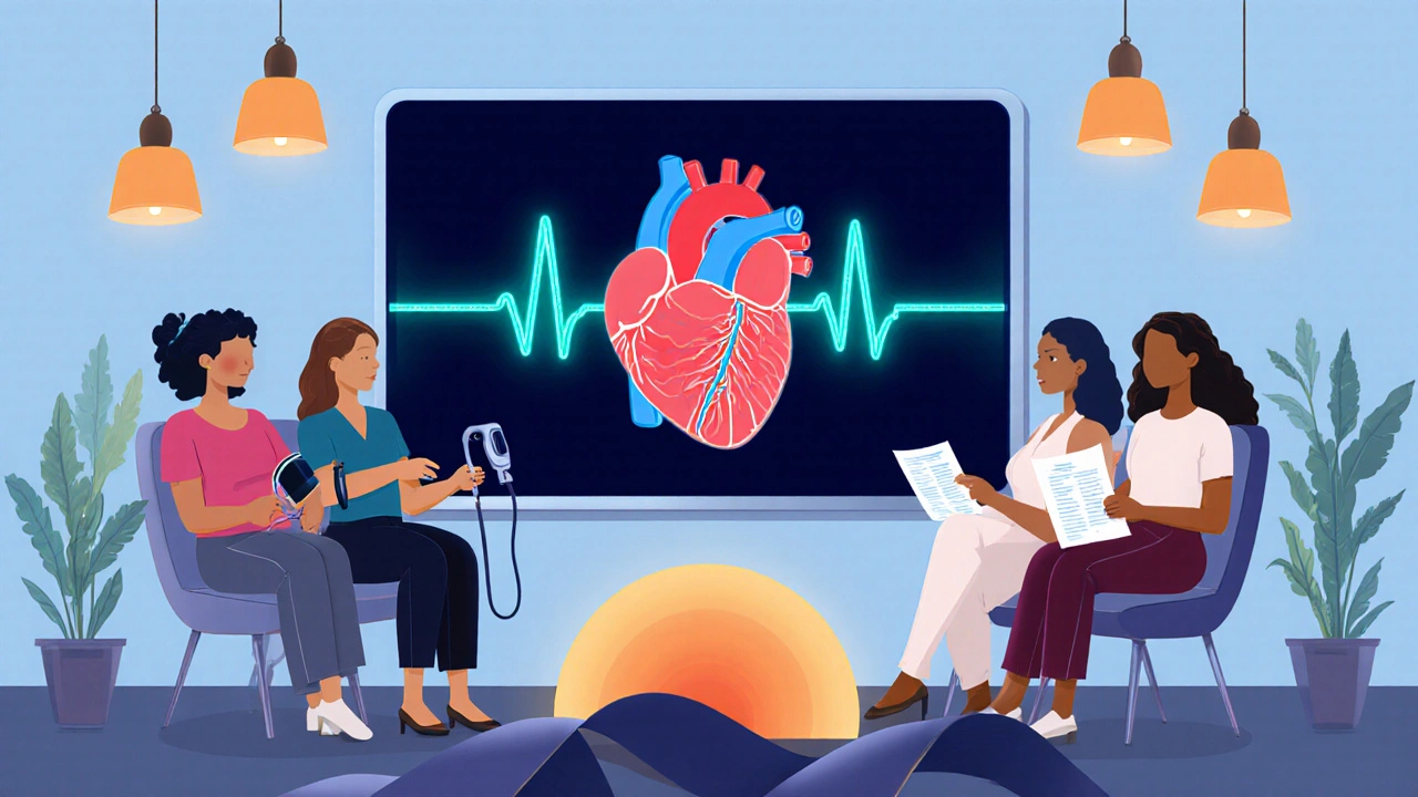 Group of women in a clinic reviewing a glowing heart model and health screenings.