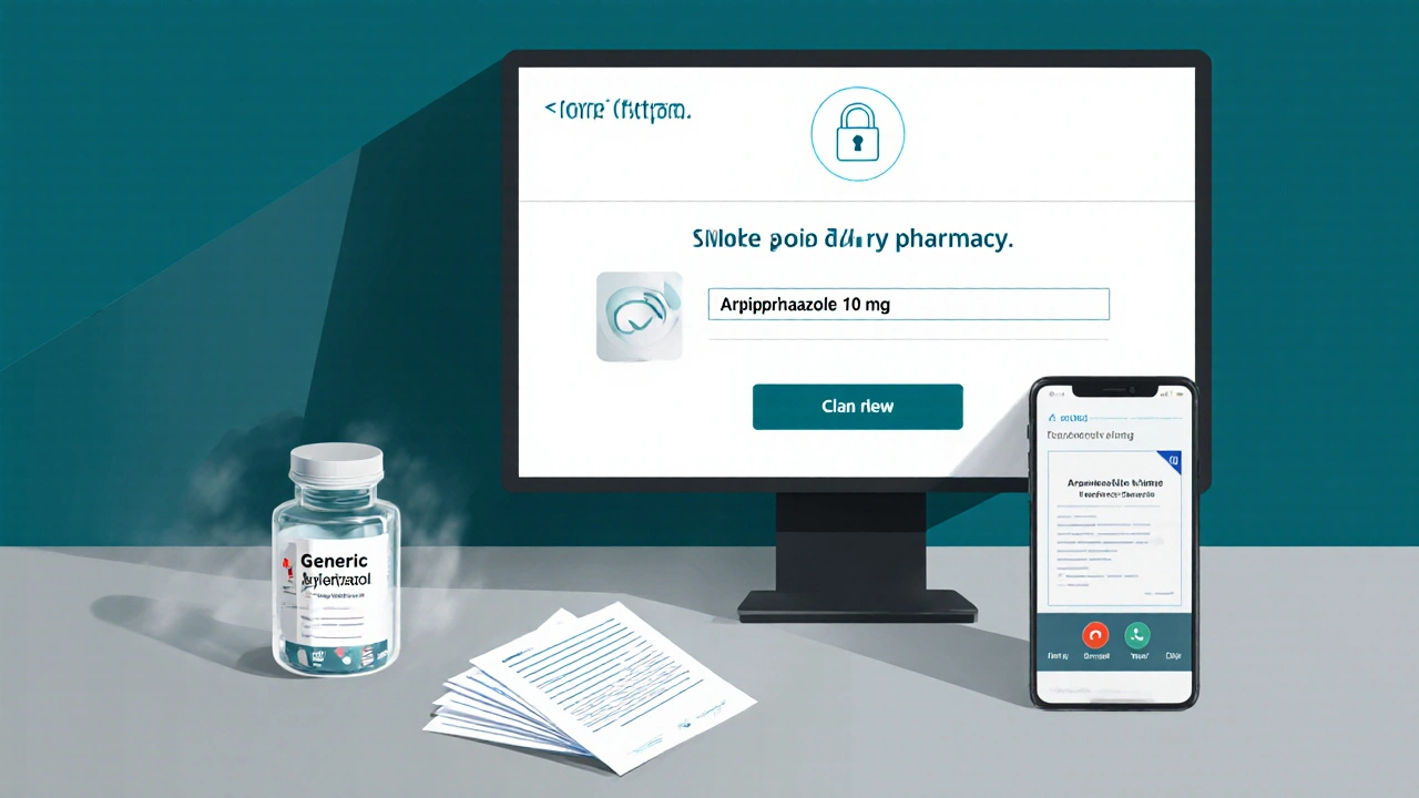 Hands verifying an online pharmacy on a computer and phone with a pill bottle nearby.