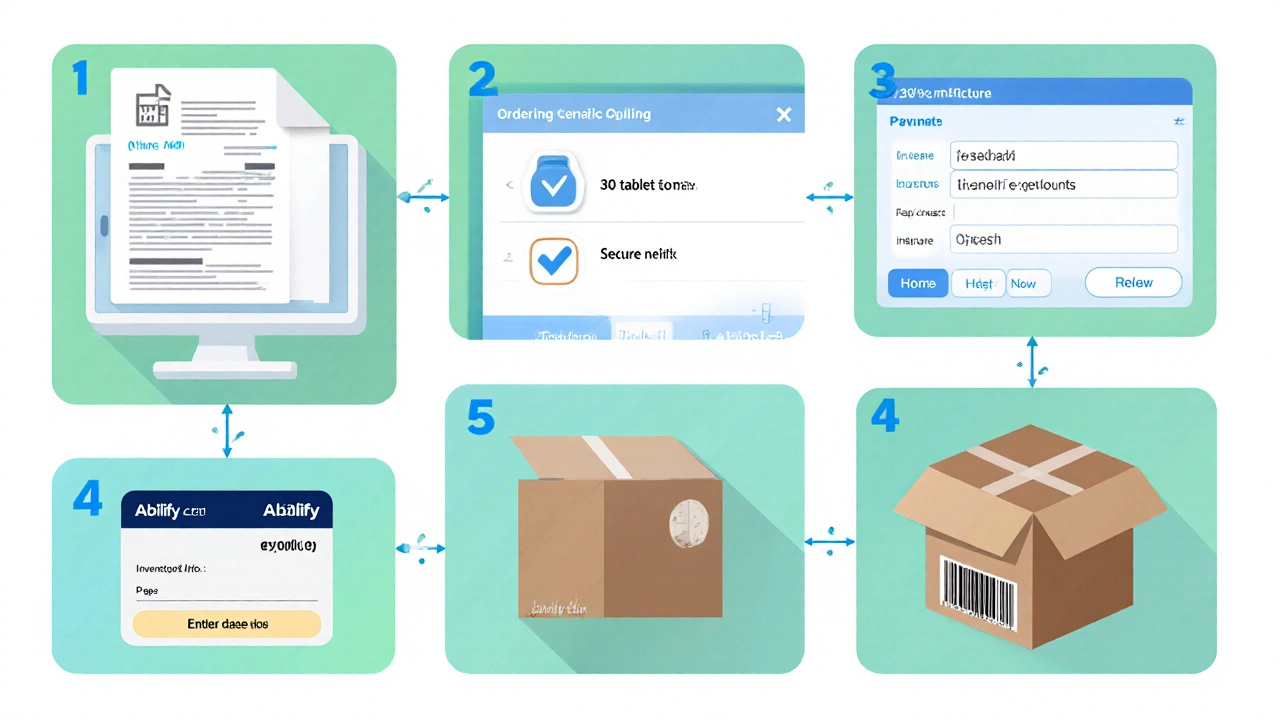 Illustrated steps showing prescription upload, pill selection, payment, and discreet package delivery.