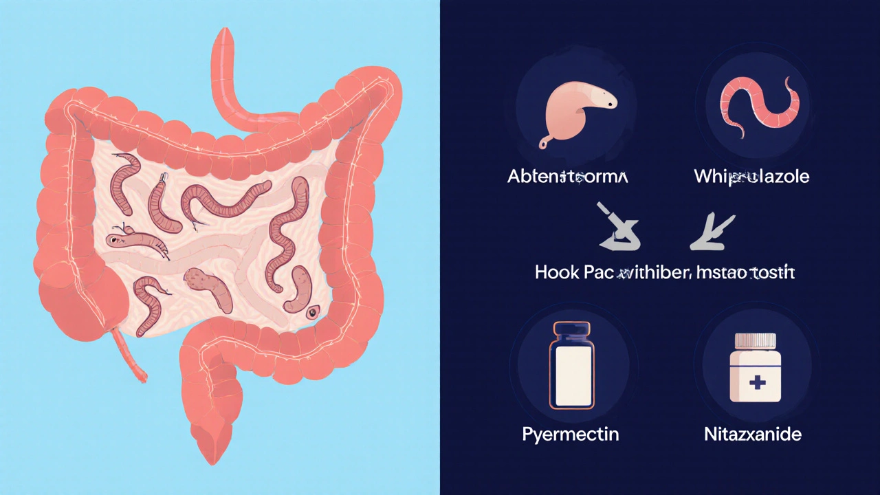 Illustration of intestinal worms with medication icons showing their targets.
