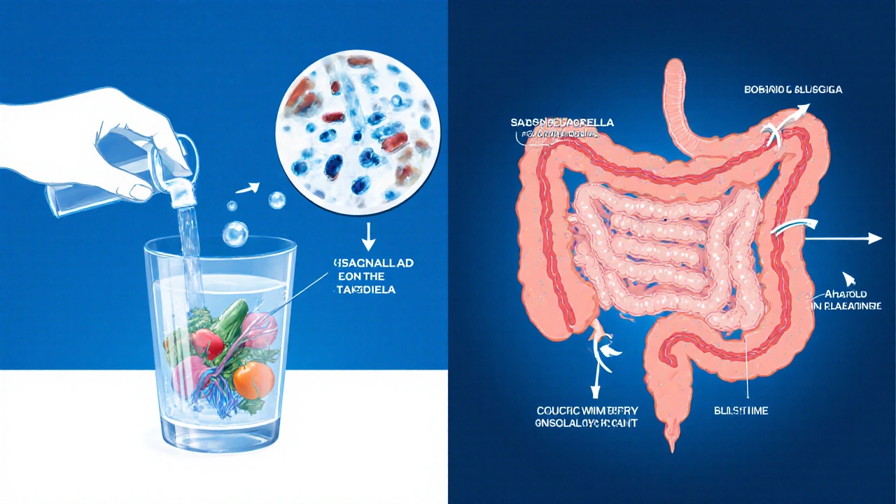 Illustration of unsafe water consumption and bacteria reaching the intestine.