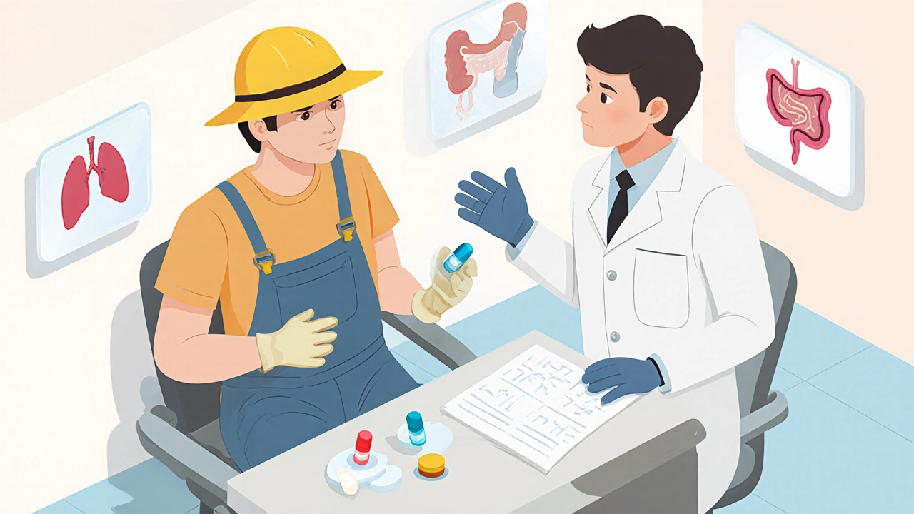 Isometric clinic scene with doctor and outdoor worker; icons of infections and antibiotics surrounding them.