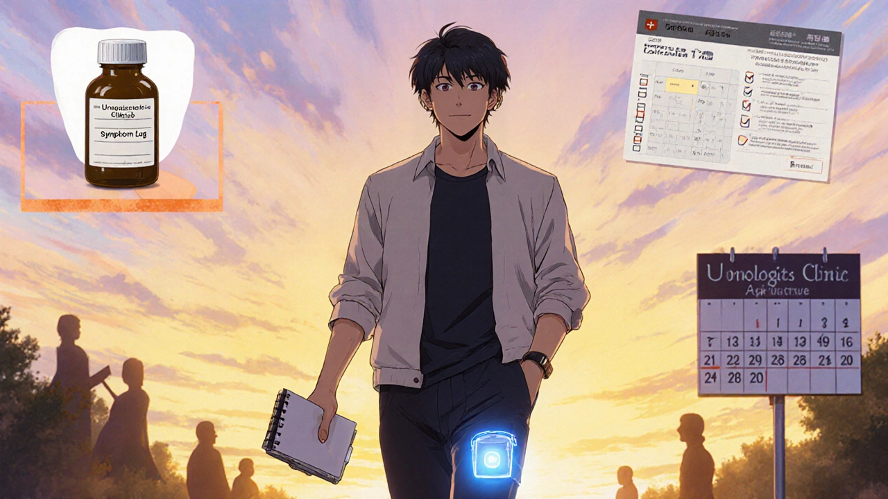 Man walking at sunset holding a symptom log, wearing a subtle medical device.