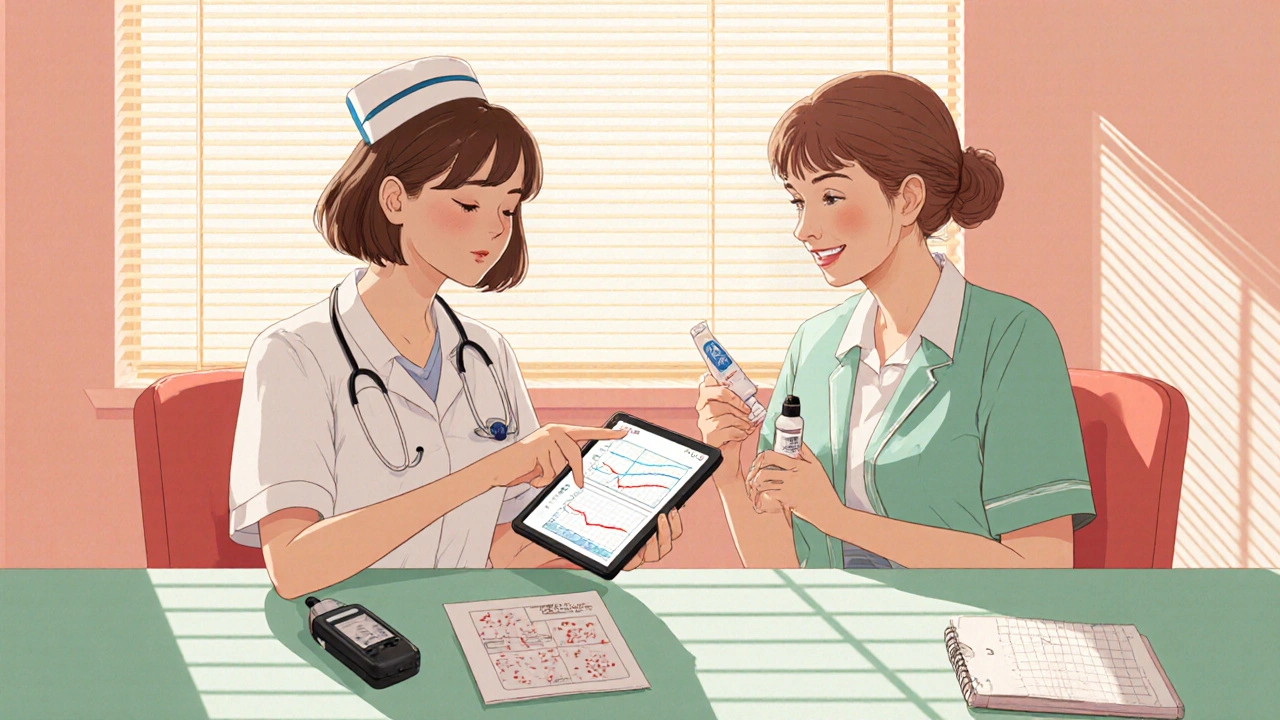 Nurse guides patient on managing glucose, rash, and diarrhea in a sunny exam room.