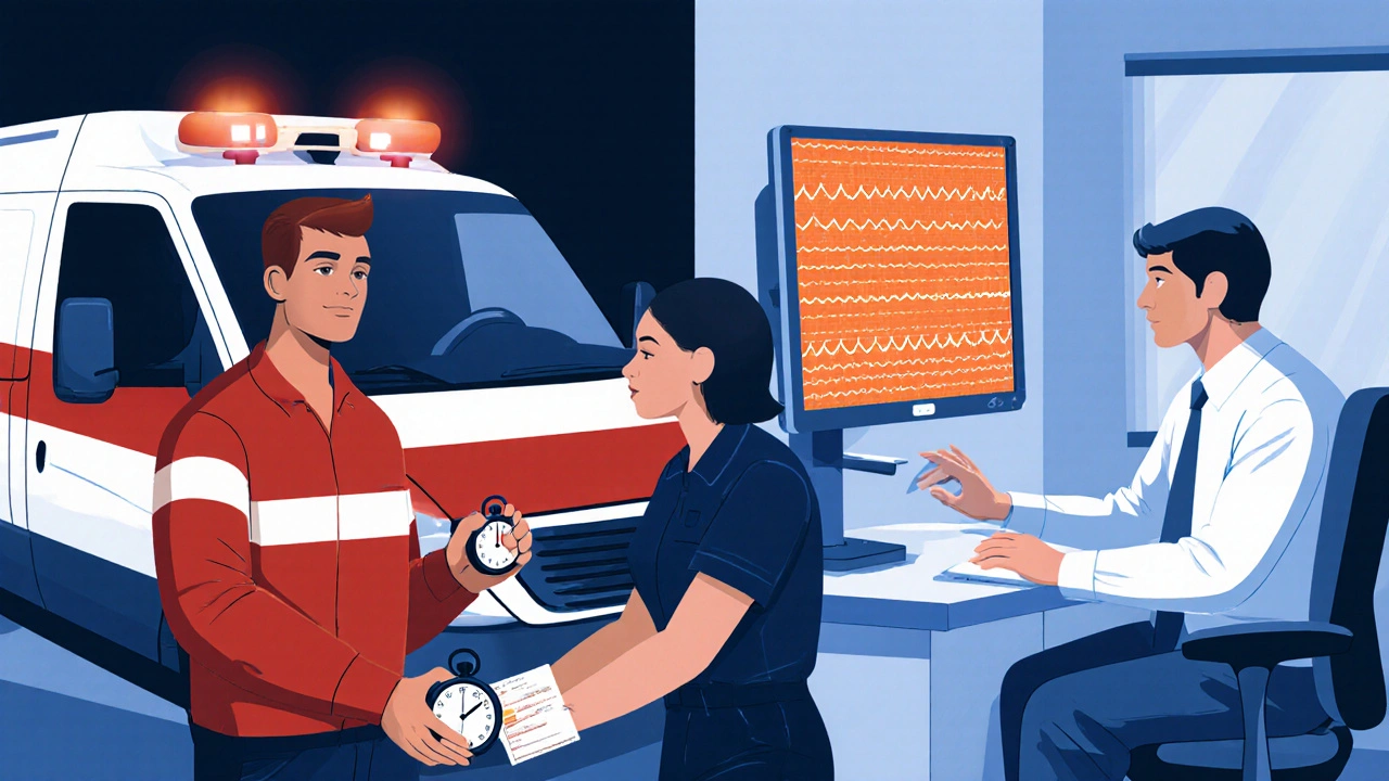 Paramedic receives seizure details while a neurologist reviews an EEG monitor in a clinical office.