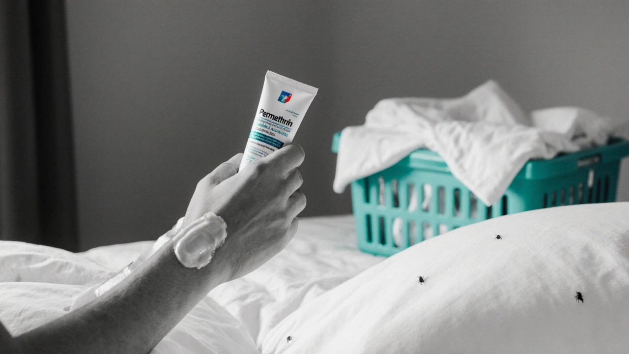 Person applying Permethrin cream next to laundered bedding in a bedroom.