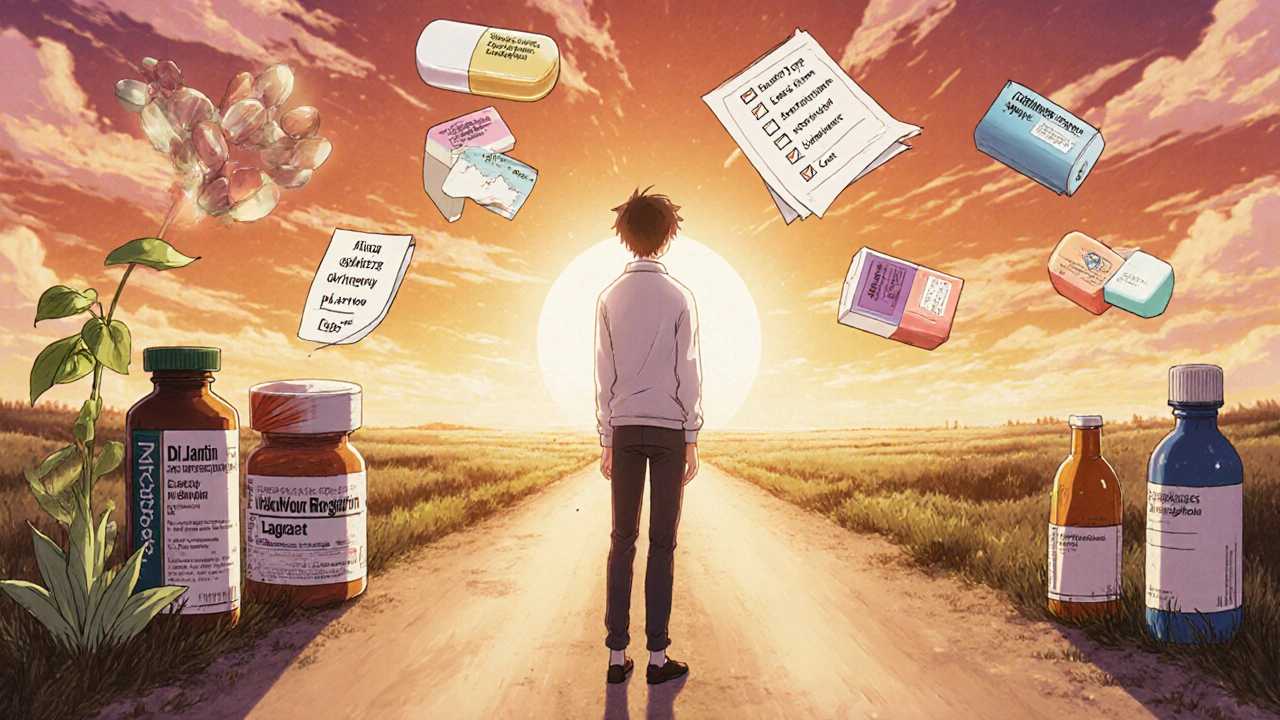 Person at a forked road choosing between Dilantin and newer seizure drugs.