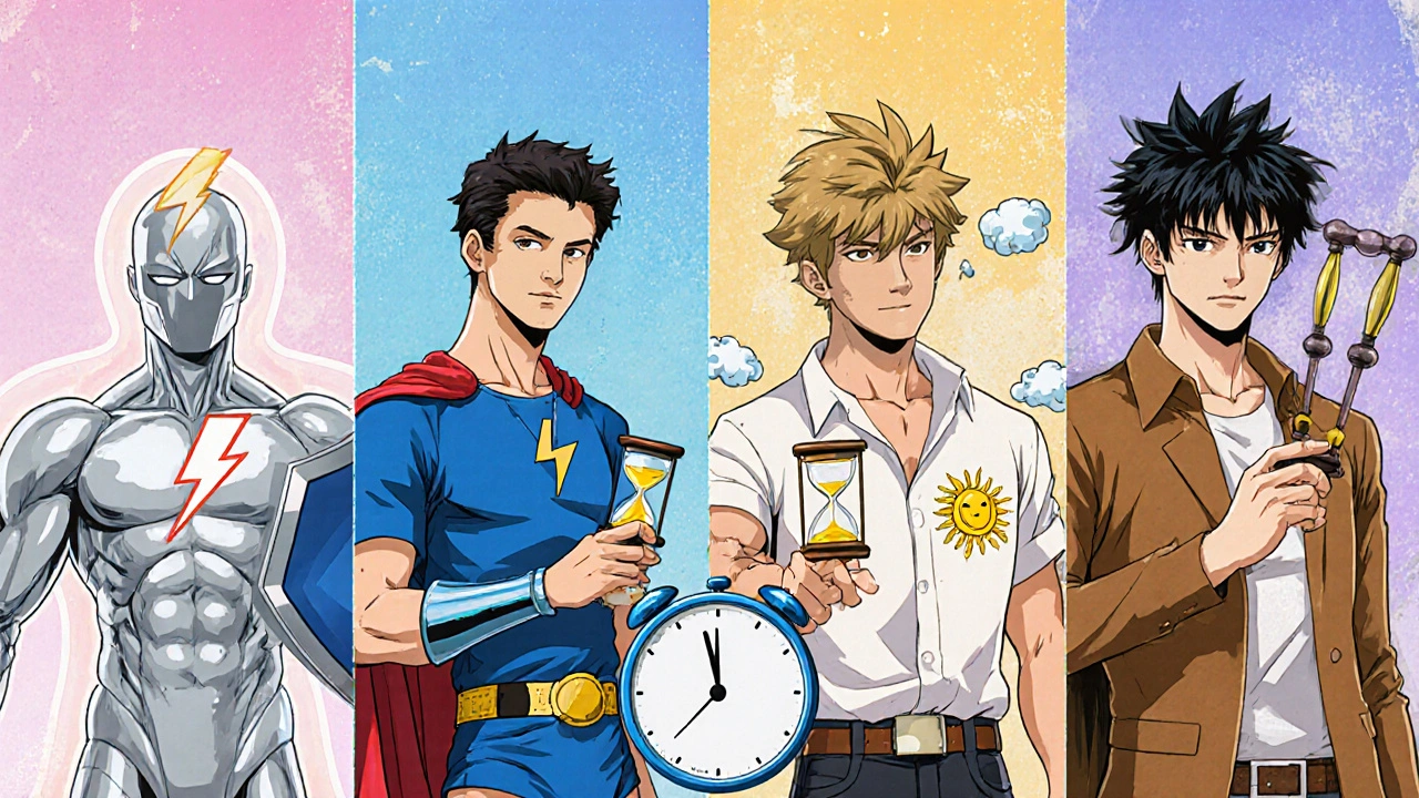Retro anime characters personify Stendra, Viagra, Cialis, and Levitra with icons for onset and duration.