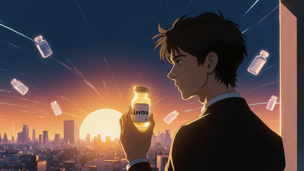 Retro anime illustration of a confident man at sunrise holding a Levitra pill bottle.