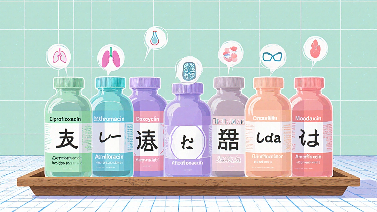 Row of colorful antibiotic bottles labeled with different drugs, displayed in retro anime style.