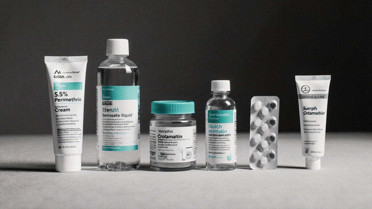 Row of six scabies and lice treatments displayed on a bedside table.