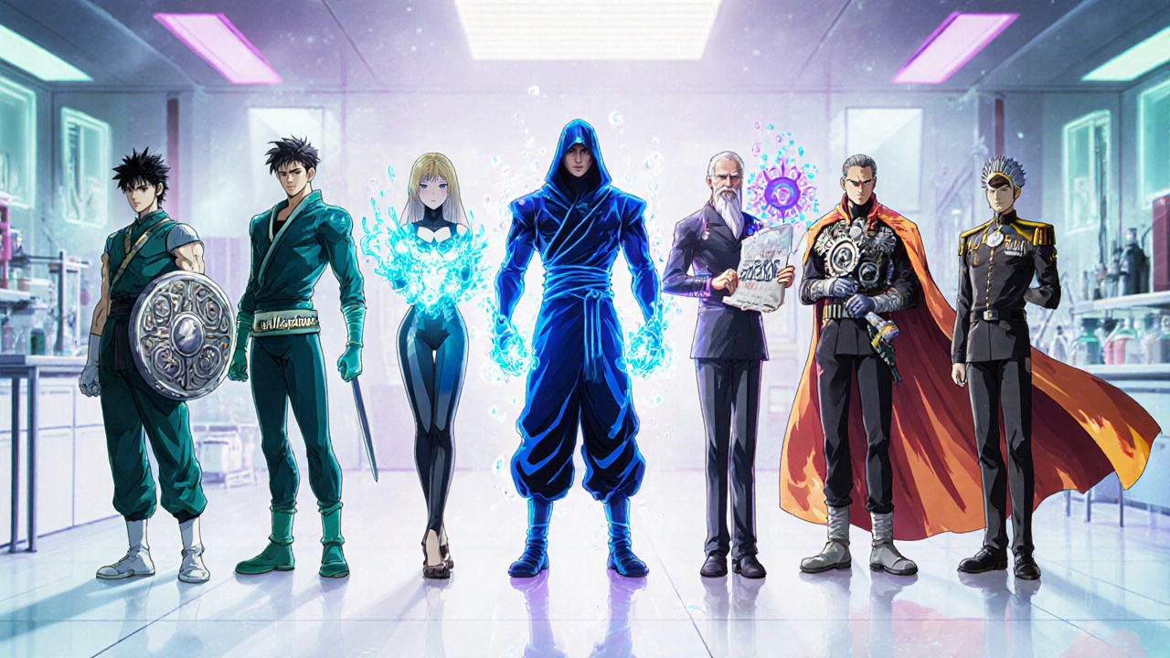Six anime-style characters personify different immunosuppressant drugs in a lineup.