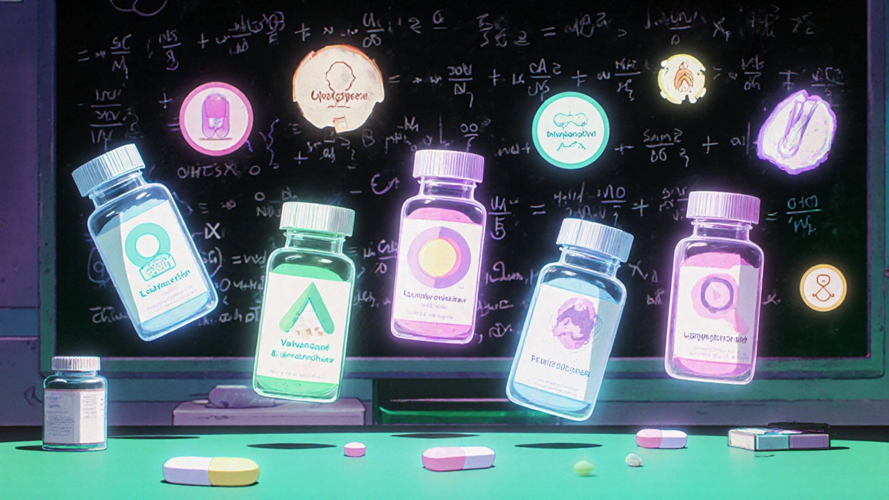 Six pill bottles with floating icons illustrate key differences of anticonvulsants.