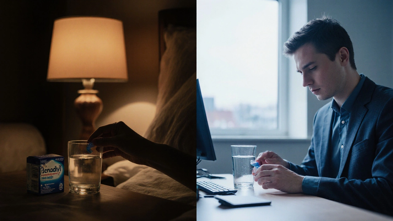 Split scene of bedtime Benadryl use in a dim bedroom and daytime Claritin use in a bright office.