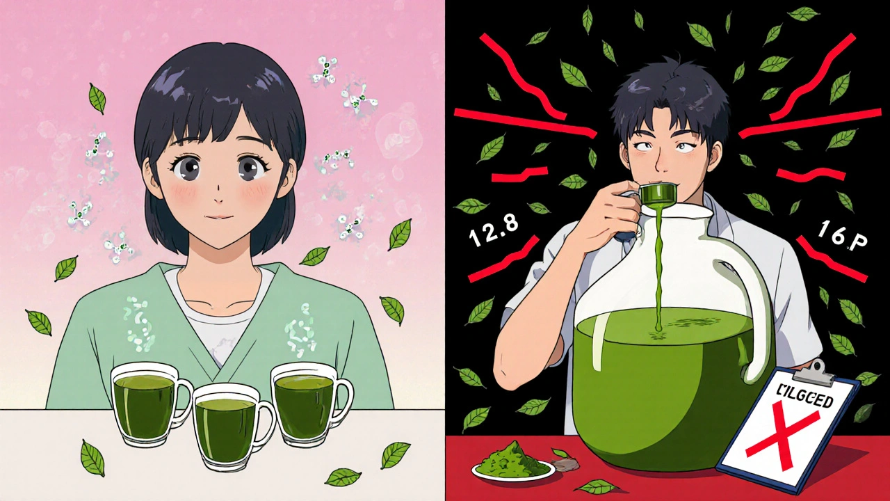 Split scene: person drinking regular tea vs. giant matcha jug with falling INR numbers