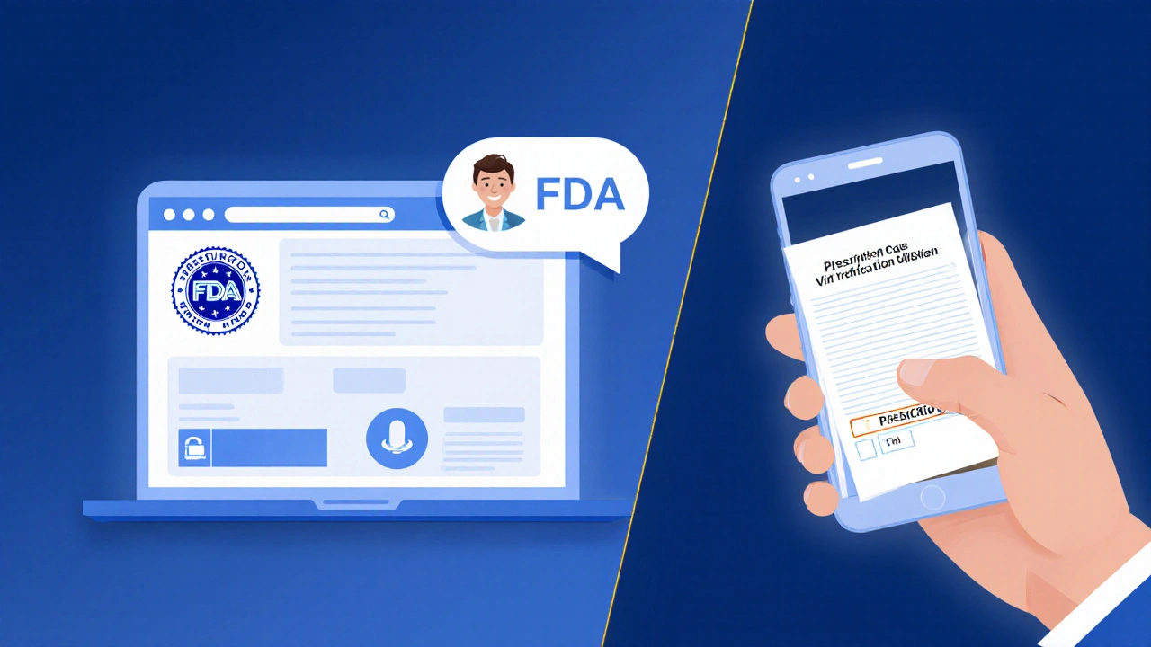 Split-screen show of pharmacy website verification and hand holding prescription.