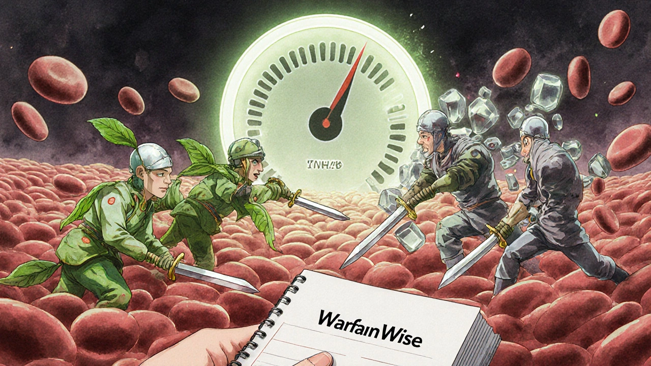 Symbolic battle in bloodstream between green tea leaves and warfarin crystals