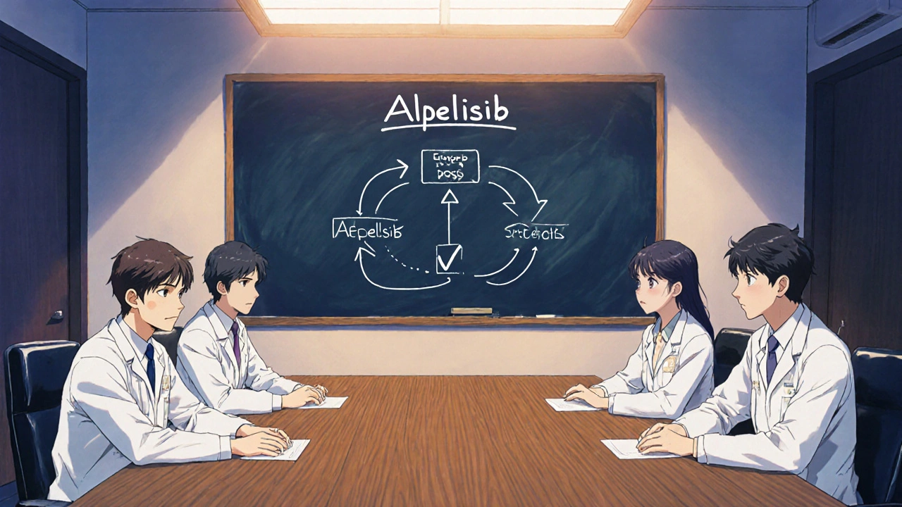 Team of doctors and pharmacist discuss Alpelisib dosing at a conference table.