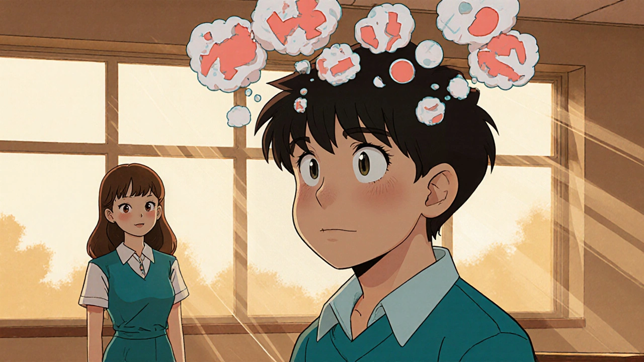 Teenage boy in classroom as chaotic thoughts transform into calm circles.
