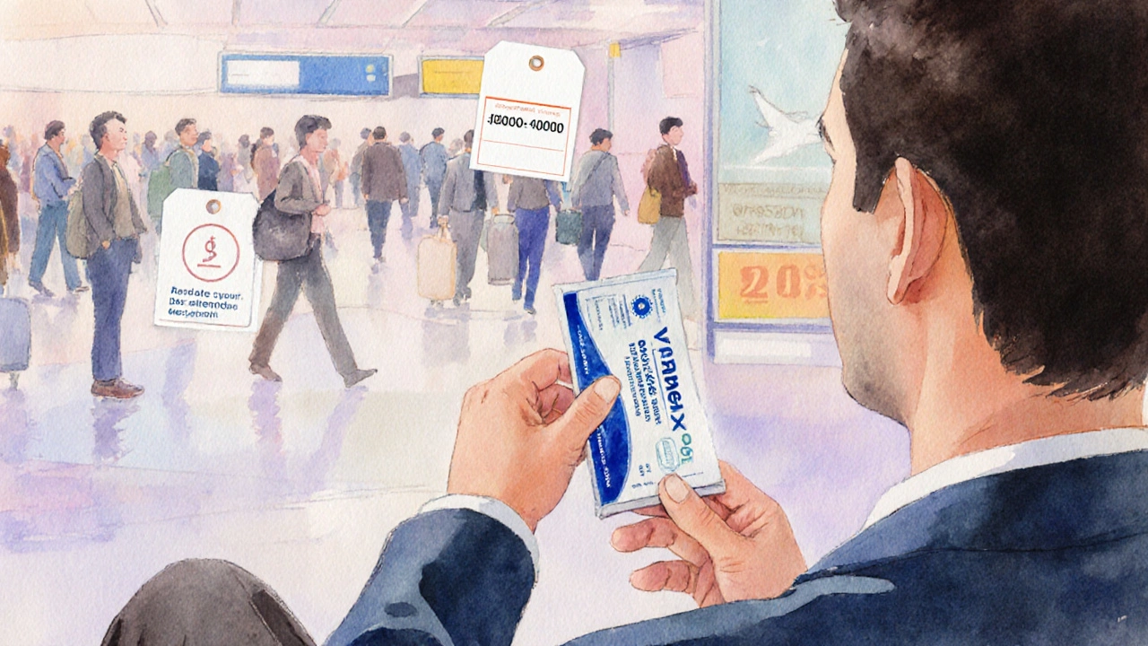 Traveler holding a Vermox tablet with overlay of cost and prescription symbols.