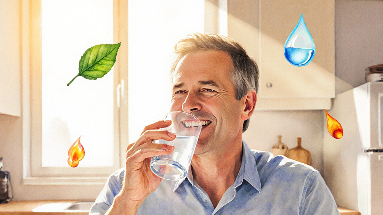 Watercolor of a smiling person drinking water, indicating relief.