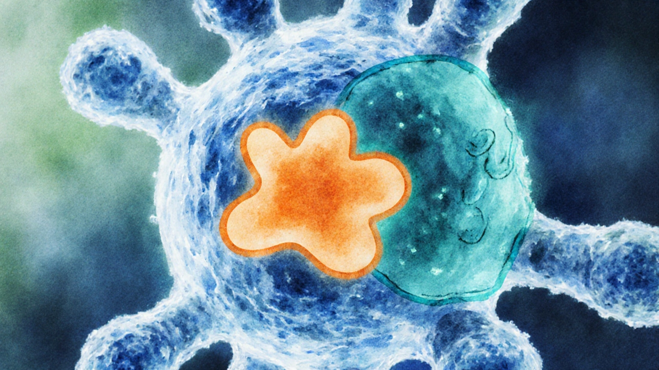 Watercolor ribosome showing azithromycin bound to the 50S subunit, highlighted in orange.