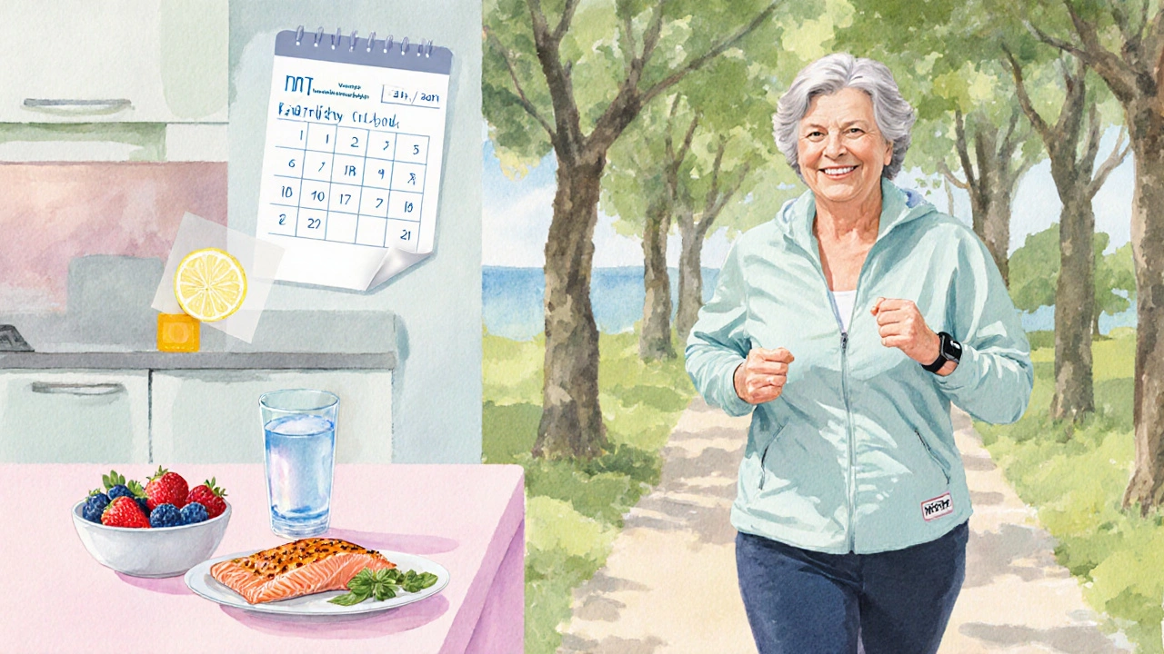 Woman walking with heart‑healthy foods and HRT patch emphasizing lifestyle changes.