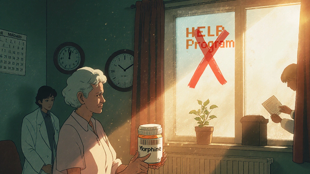 A granddaughter comforts her grandmother in a sunlit room, a pill bottle marked &#039;Morphine&#039; being crossed out.