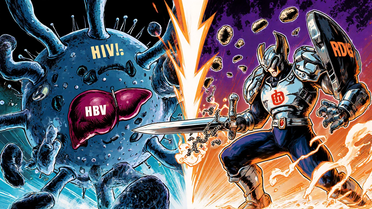 A heroic pill figure battles HIV and HBV viruses in a dynamic retro anime battle scene.