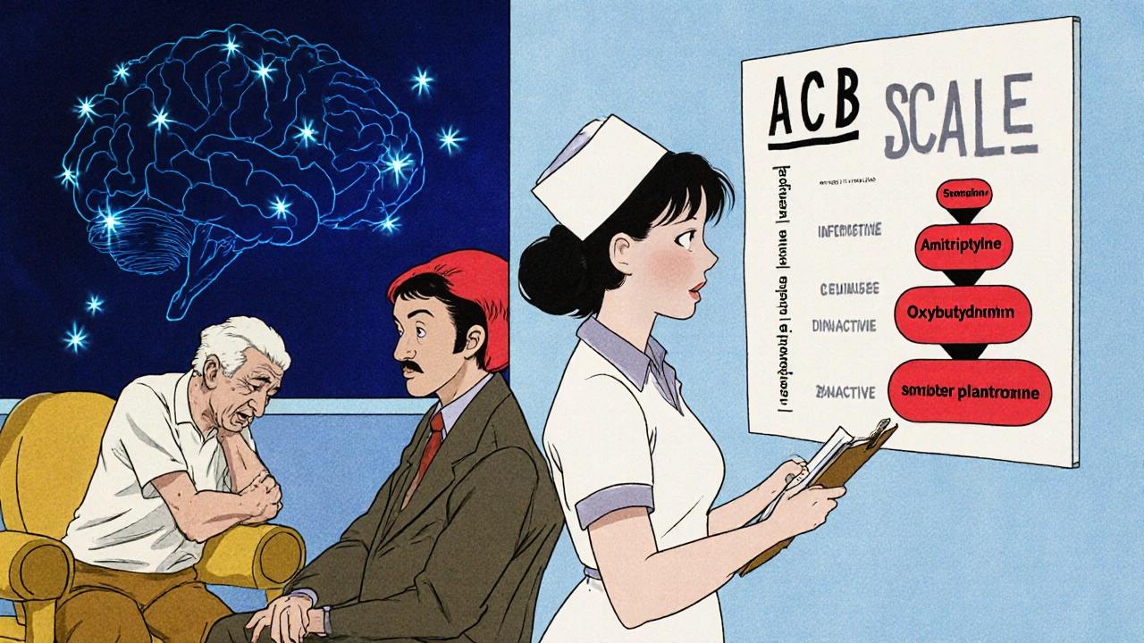 A nurse stares at a chart showing dangerous medications crushing a portrait of a healthy senior.