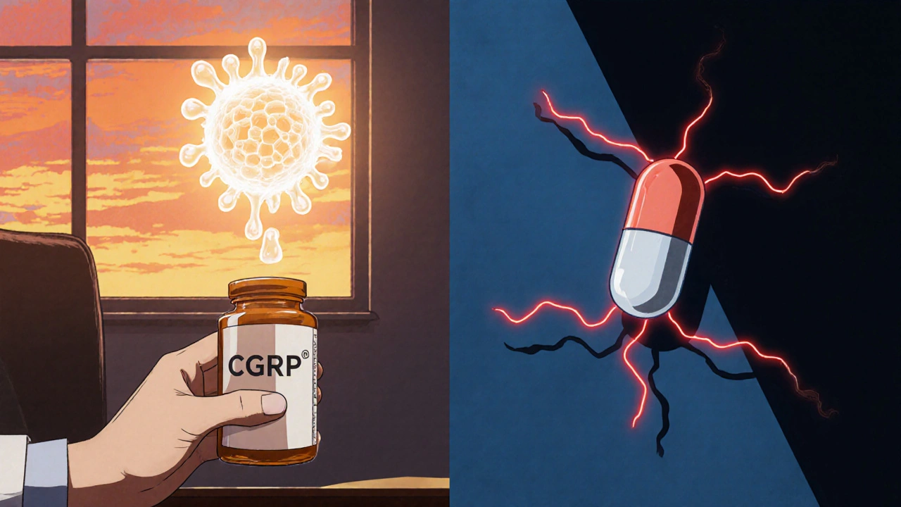 A patient taking a gepant pill as a CGRP molecule dissolves safely, contrasting with a dangerous triptan in shadow.