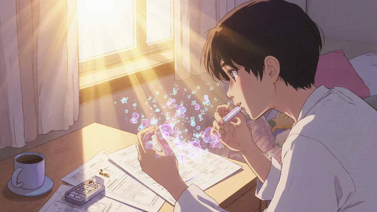 A person takes a pill at sunrise with glowing molecules entering their body in nostalgic anime style.