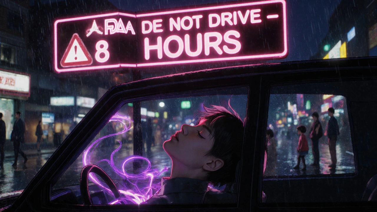 A person unable to drive after taking a ditan, with a glowing FDA warning above them in a rainy night scene.