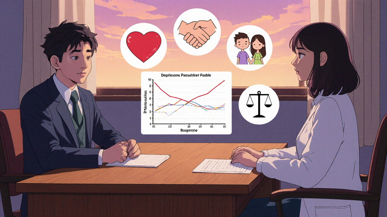 A psychiatrist and patient in a twilight office, with visual icons showing improved mood, intimacy, and no weight gain.