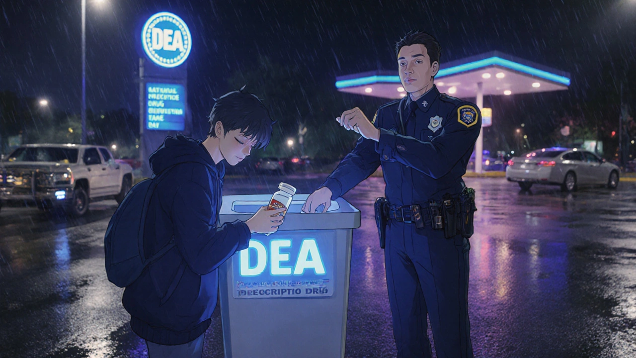 A teen drops pills into a DEA collection bin at a police station at night.