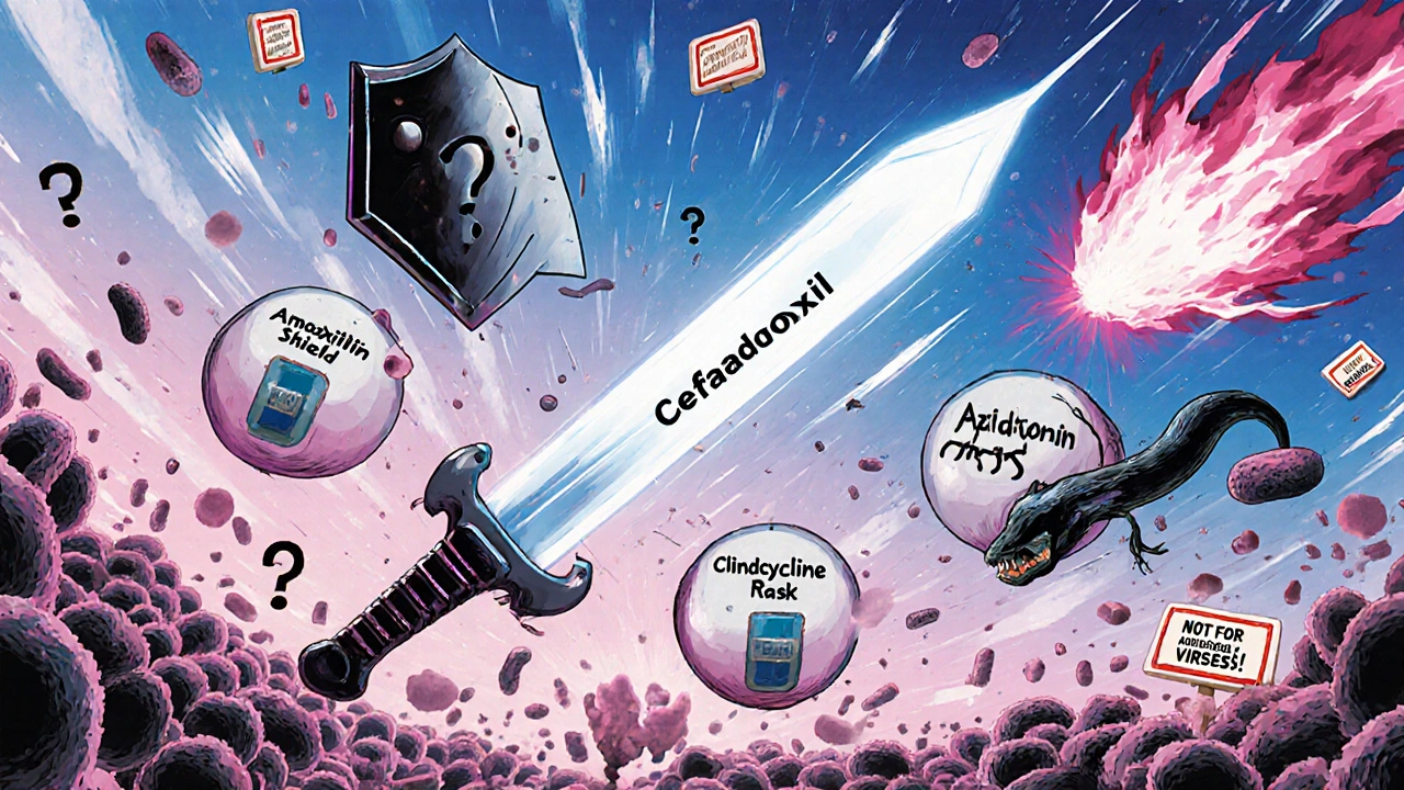 Antibiotic weapons clashing in a battle against bacteria, with warning symbols floating in the sky.