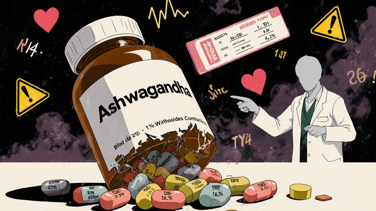 Broken ashwagandha bottle spilling inconsistent capsules with blood test results in background