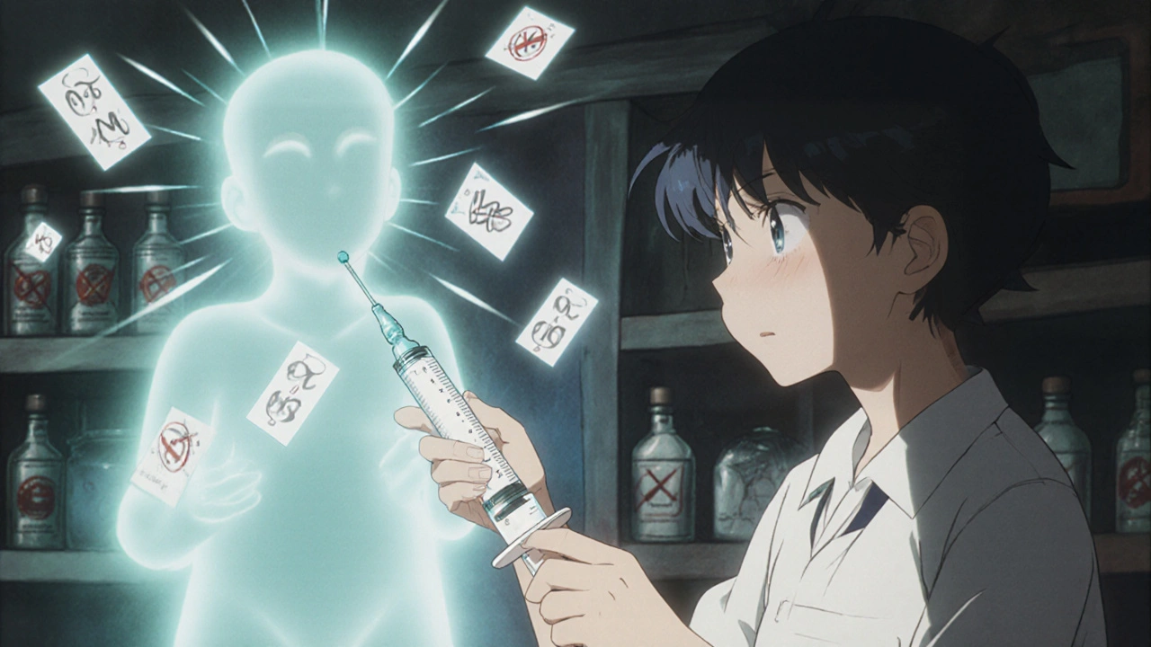 Caregiver practicing with water and a syringe, glowing 0.5 mL label floating beside them.